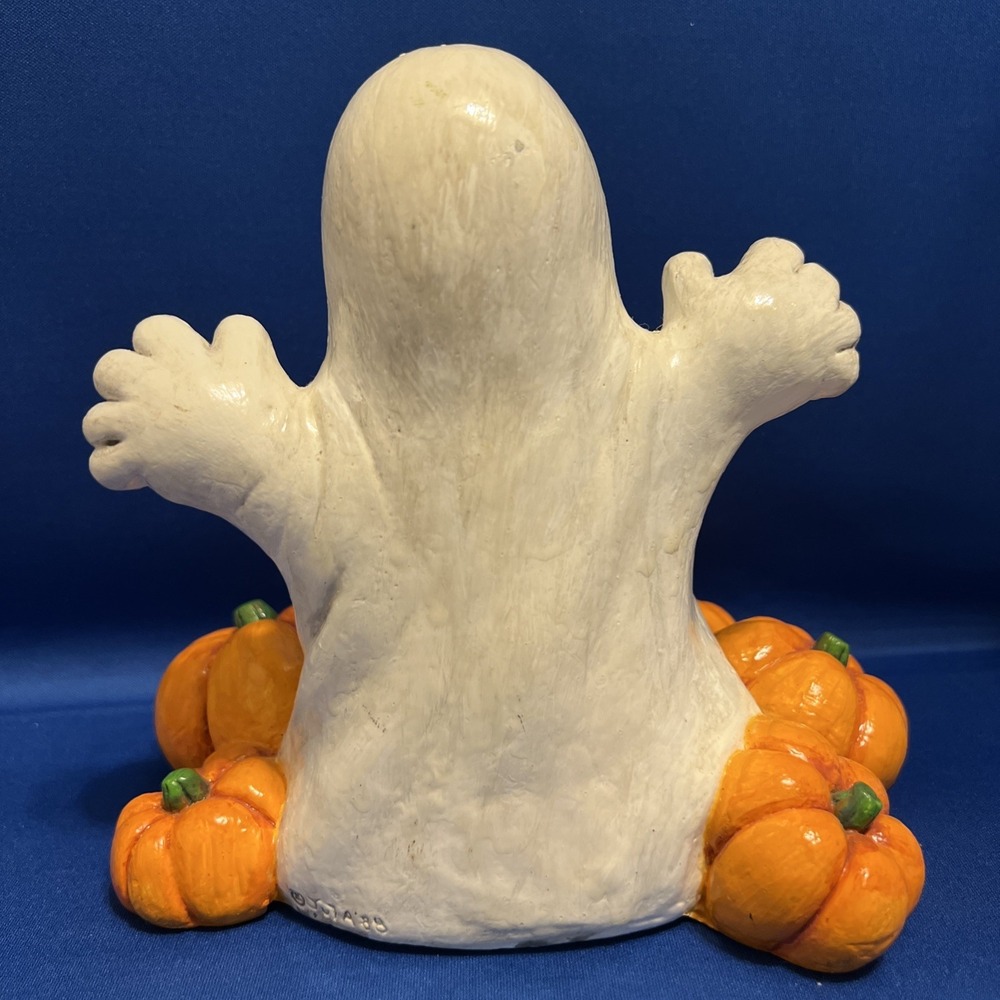 Vtg '89 Juta Chalkware Halloween Happy Ghost Pumpkins Candle Cover Figurine 7x8" - Picture 8 of 13
